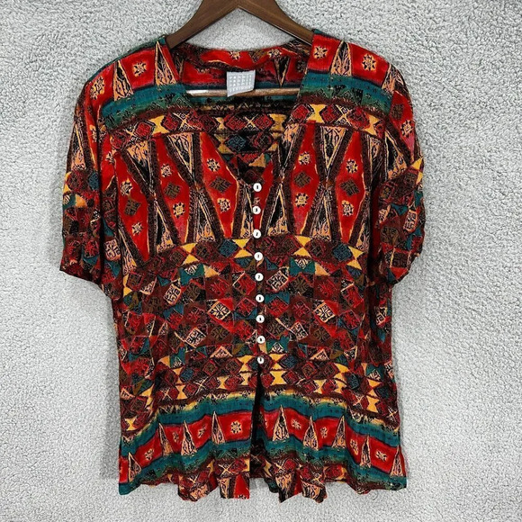 Rabbit Rabbit Rabbit‎ designs top womens 14P red geometric art to wear up vtg - Picture 1 of 6